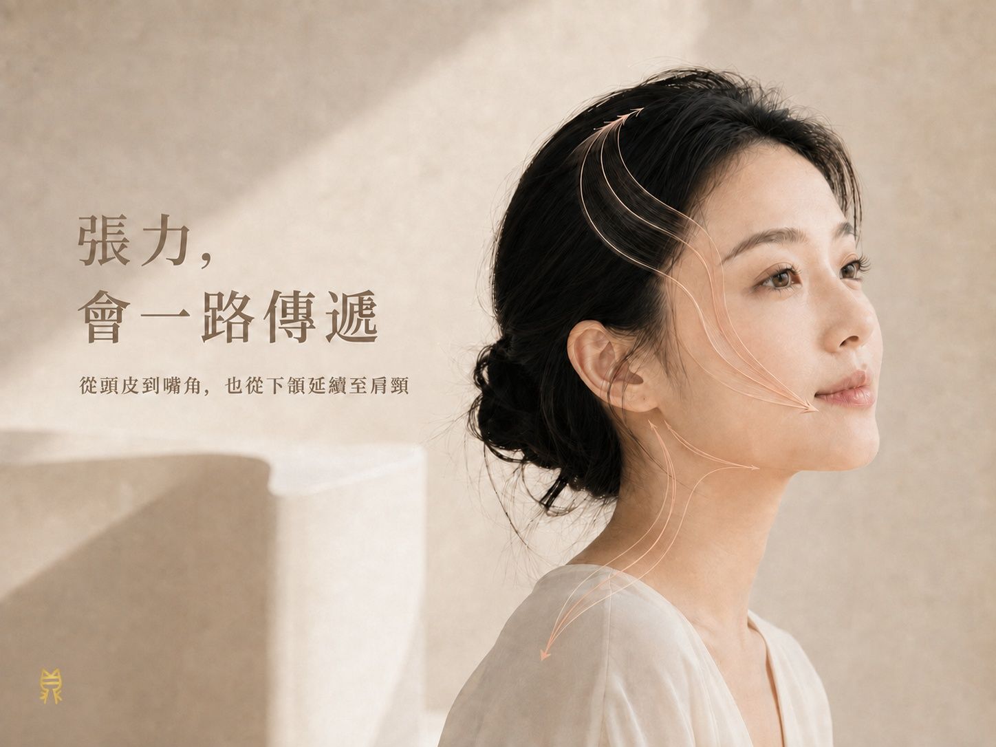淡妝東亞女性側臉標示頭皮至嘴角，以及下頷至頸部與肩膀的張力傳遞路徑，說明嘴角位置會受到上下游組織共同牽動。