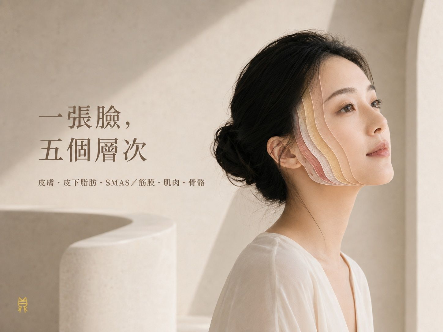 淡妝東亞女性側臉呈現皮膚、皮下脂肪、SMAS筋膜、肌肉與骨骼五層結構，說明臉部外觀來自多層組織共同作用。