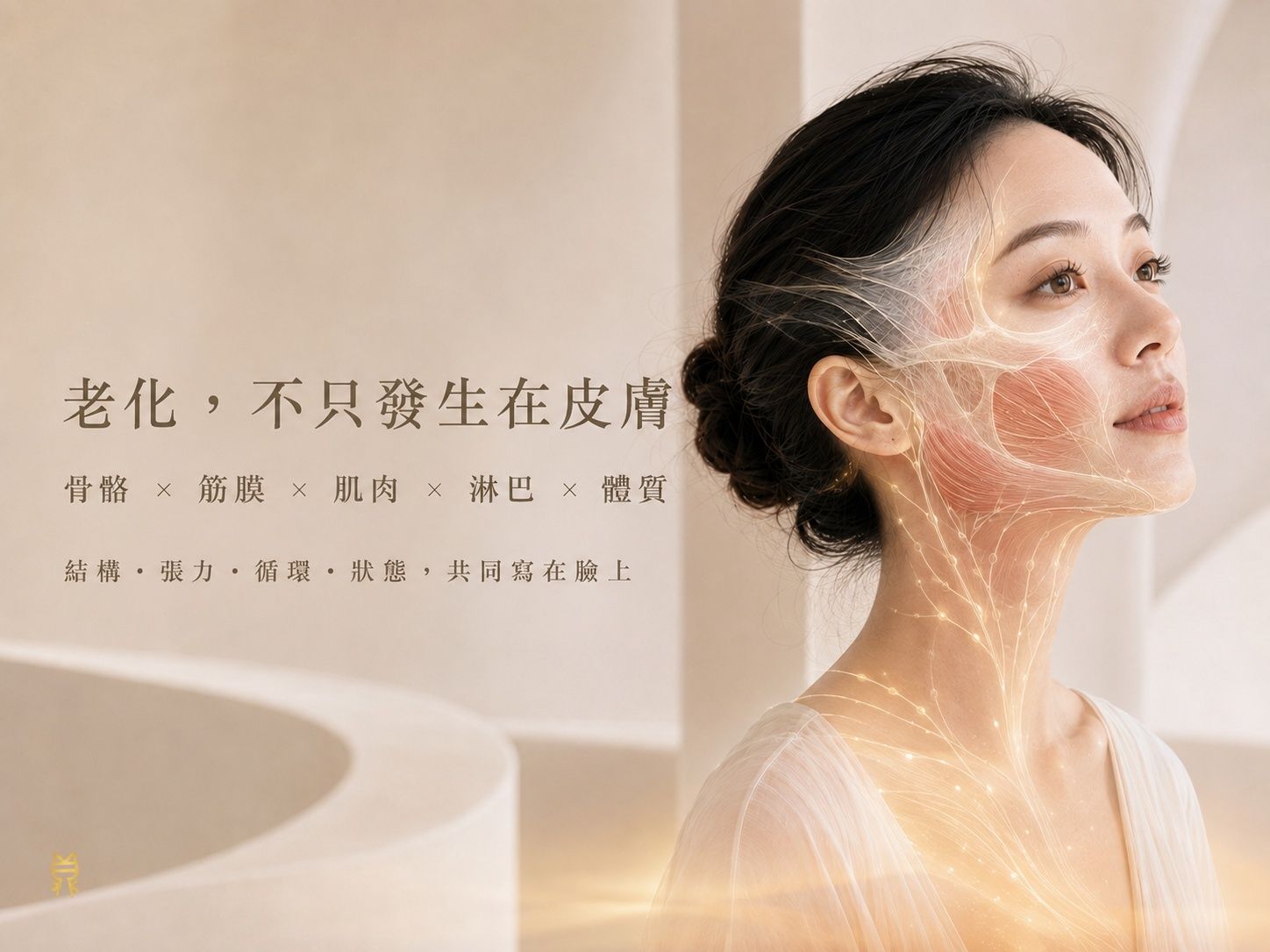淡妝東亞女性側臉呈現骨骼、筋膜、肌肉、淋巴與體質等多層老化因素，說明臉部老化不只有皮膚變化。