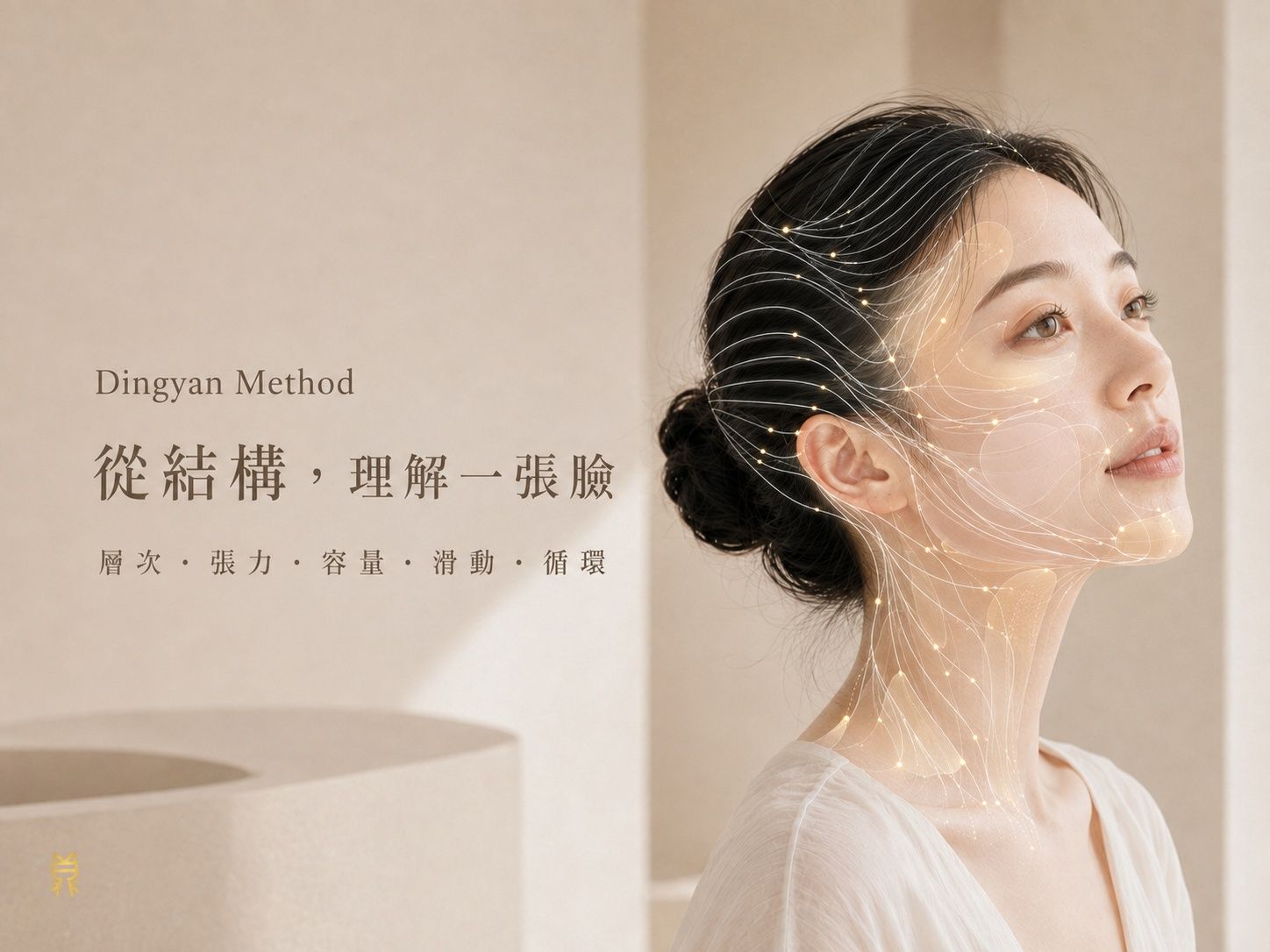 Dingyan Method美容鍼灸整體評估圖，呈現臉部層次、張力、容量、筋膜滑動與循環