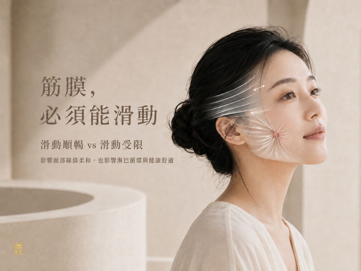 淡妝東亞女性側臉呈現筋膜滑動順暢與滑動受限的對照，說明筋膜狀態影響面部線條柔和，也影響淋巴循環與健康舒適。