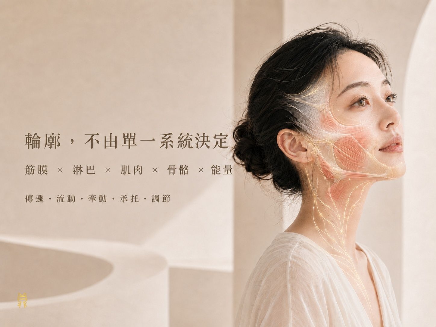 淡妝東亞女性側臉疊合筋膜、淋巴、肌肉、骨骼與能量五個觀察面向，說明臉部輪廓由多個系統共同決定。