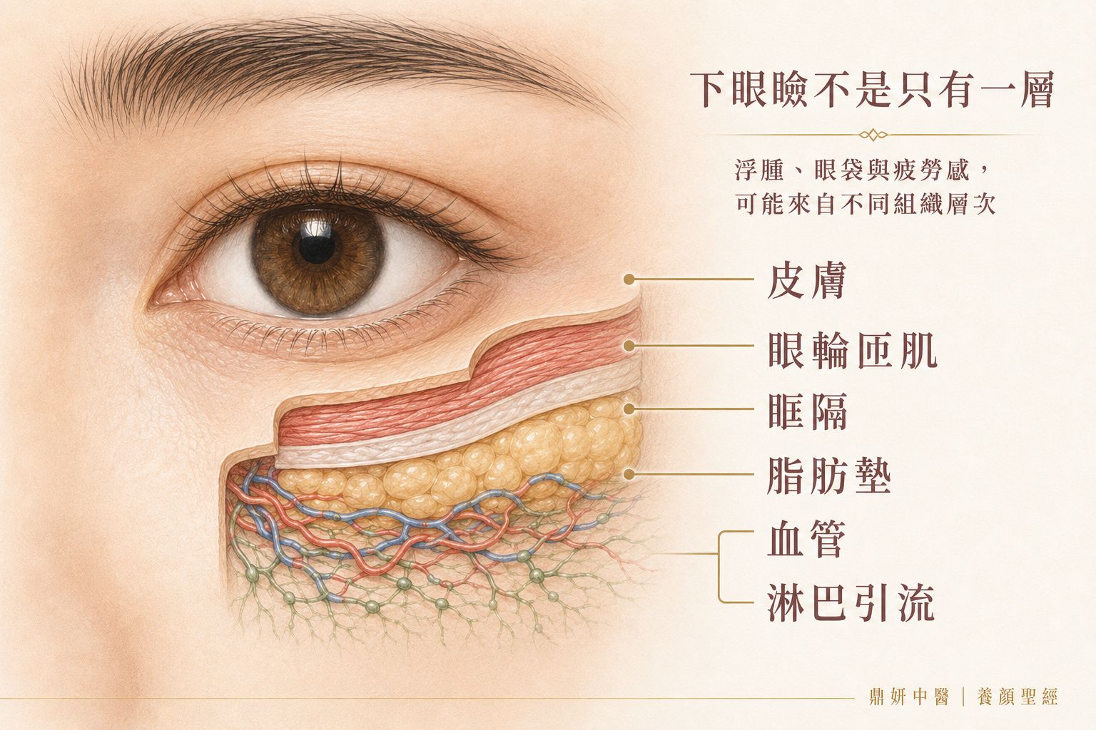 下眼瞼解剖與淋巴引流示意圖，呈現皮膚、眼輪匝肌、眶隔、脂肪墊、血管及淋巴網絡