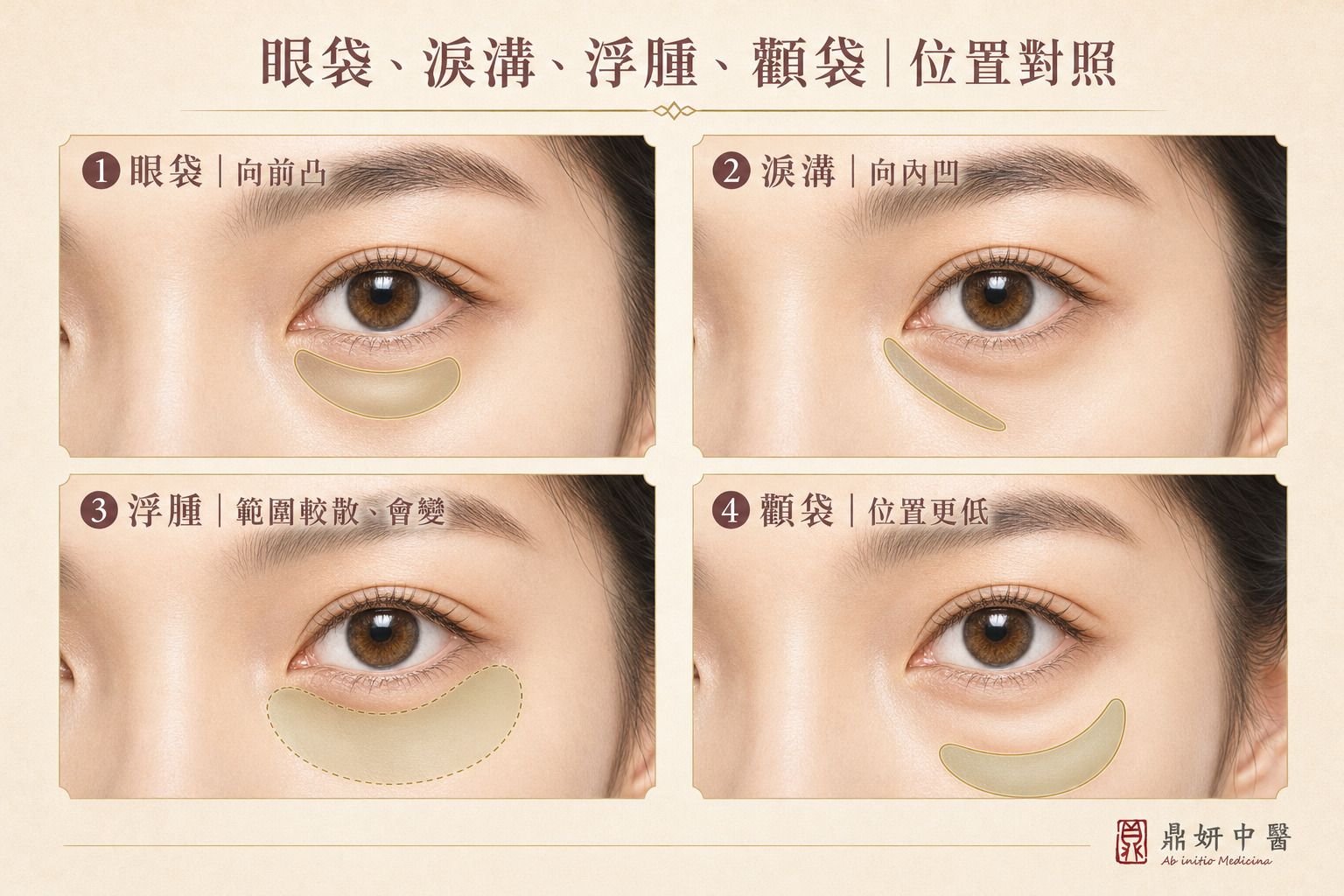 眼袋、淚溝、眼周浮腫與顴袋位置對照圖，分別呈現眼下凸起、內眼角凹溝、瀰漫性腫脹及較低的顴部隆起