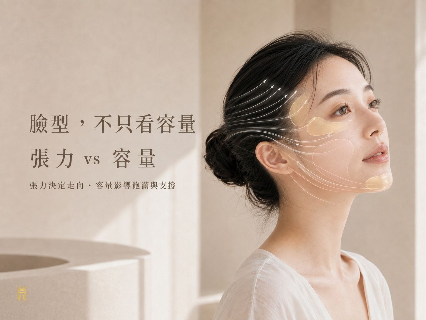 淡妝東亞女性側臉呈現張力與容量的差異，說明臉部凹凸、支撐與輪廓不能只以填充體積判斷。