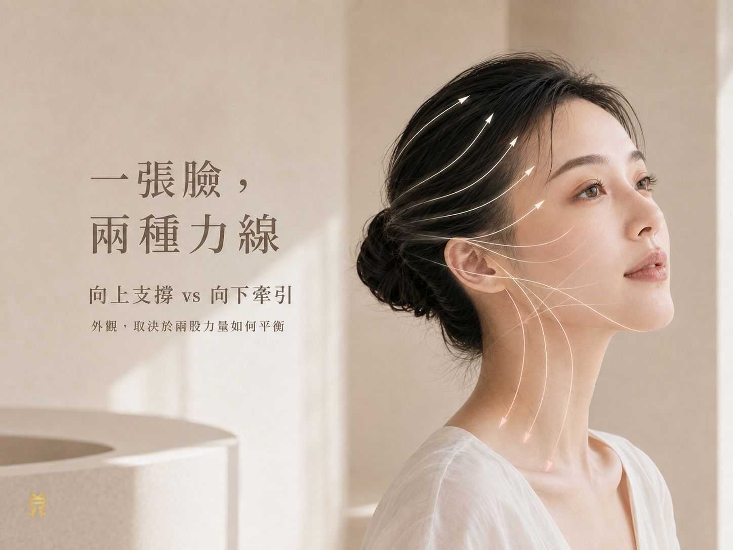 顔の上向きの支持力と下向きの牽引力を示すDingyan Methodの解説図